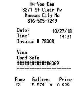 HyVee gas station receipt image