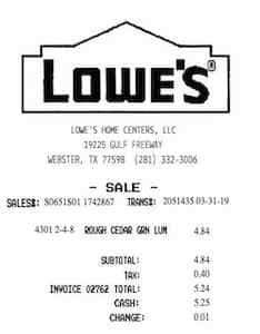 LOWES receipt template cash image