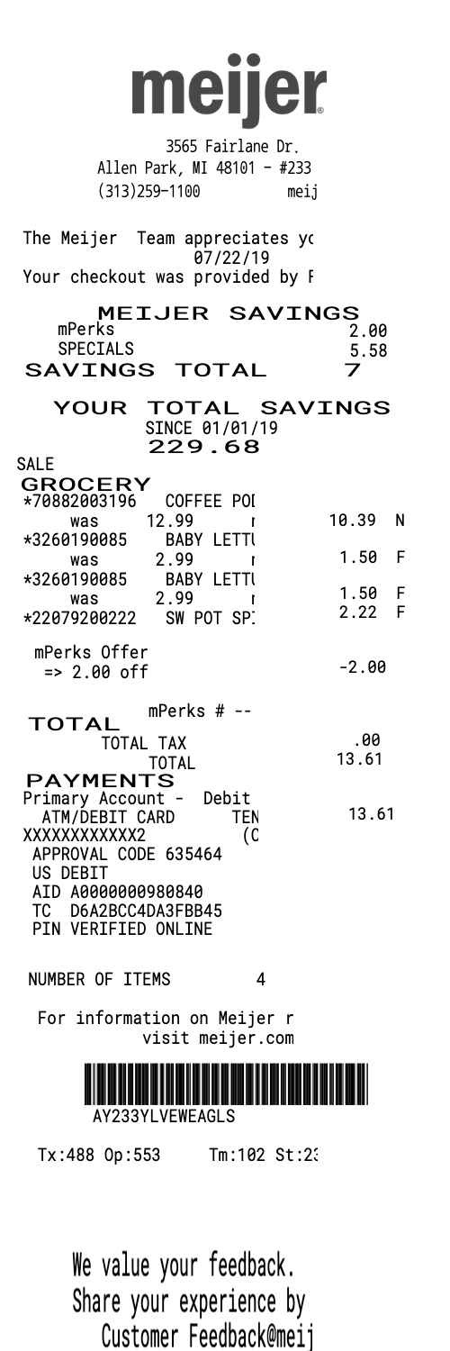 Meijer grocery store receipt template