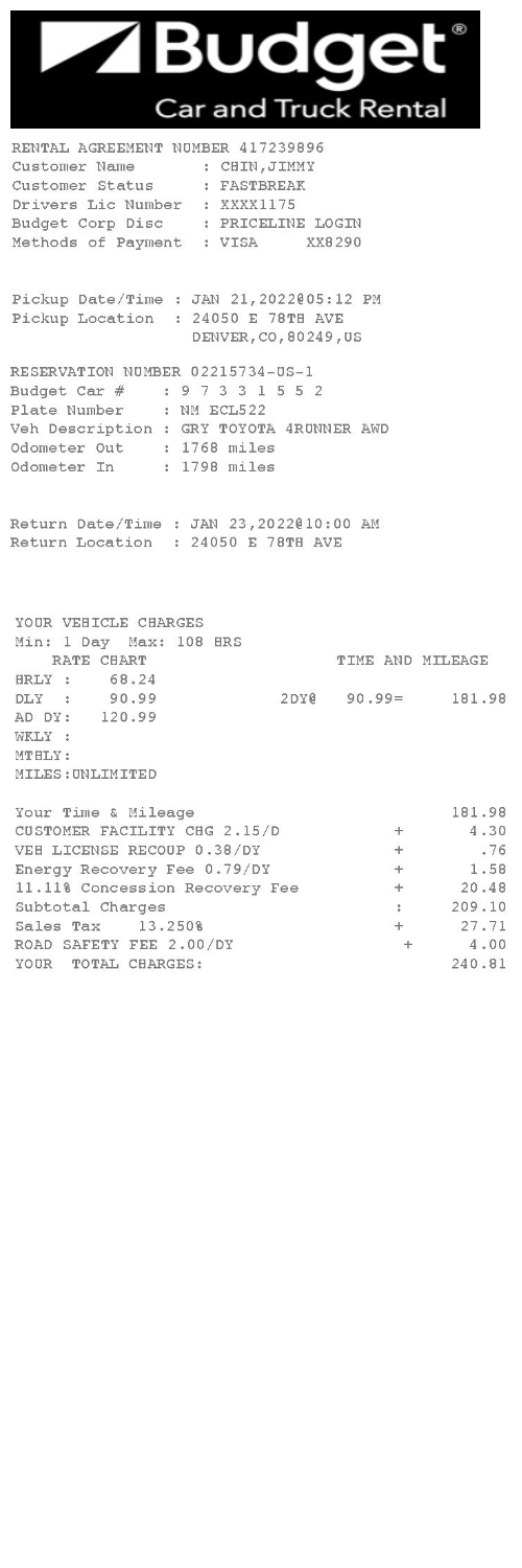 Rental Car receipt invoice