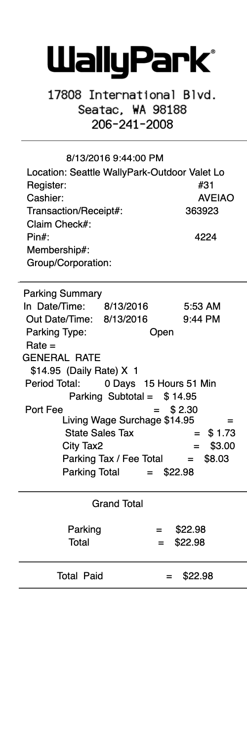 Wallypark airport parking receipt template