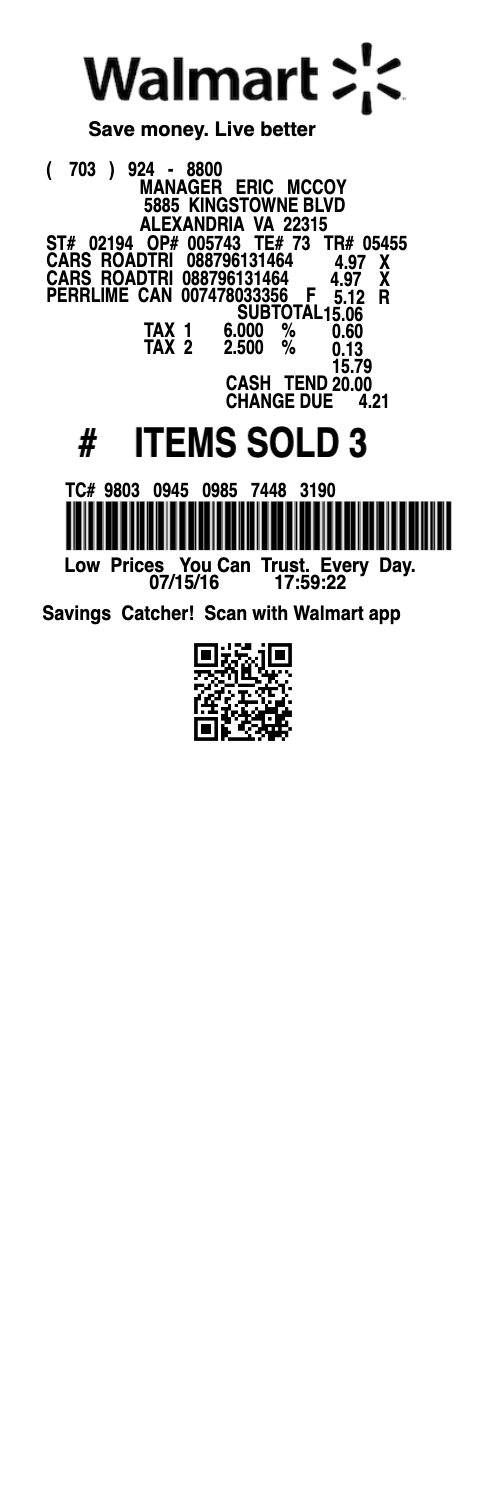 Walmart receipt template - cash