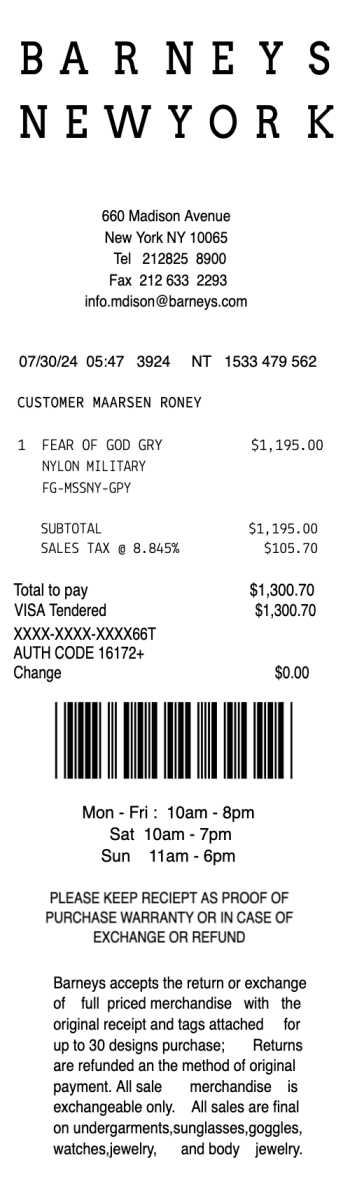 Barneys New York receipt template image