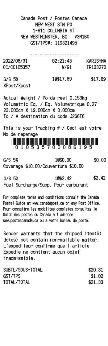 Canada Post receipt template