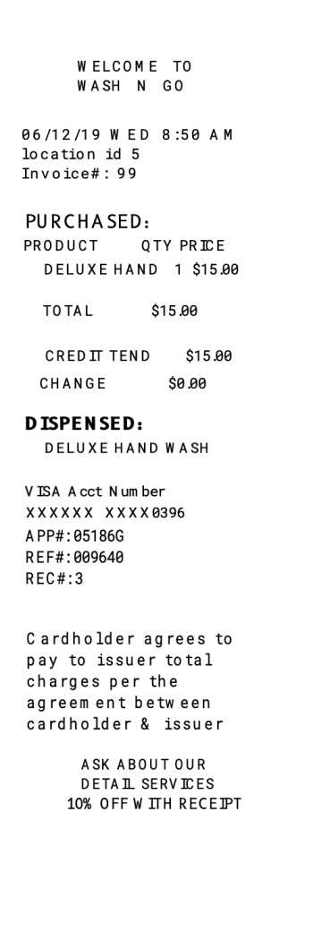 CAR WASH RECEIPT - Deluxe Hand Wash