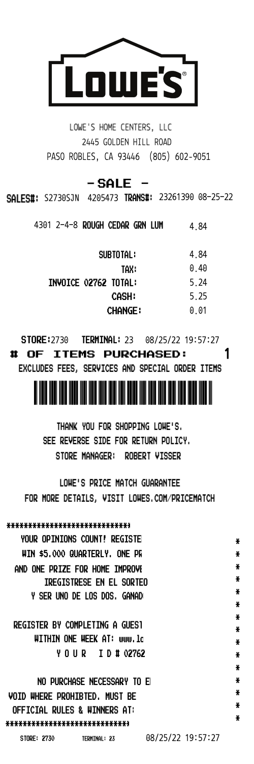 LOWES receipt template cash