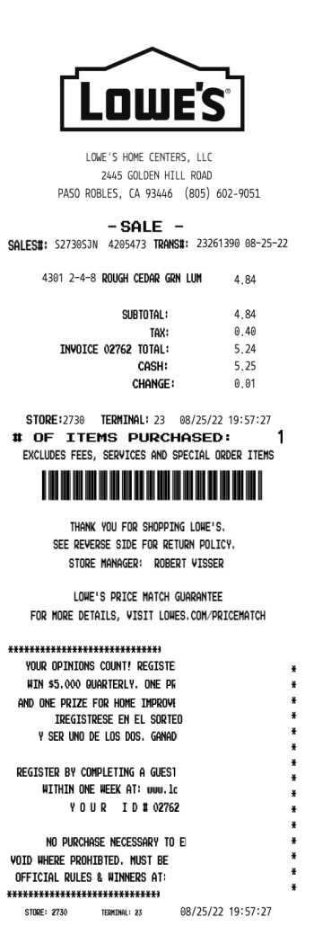 LOWES receipt template cash