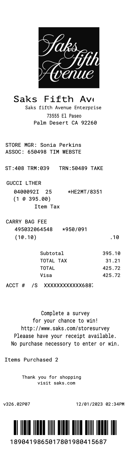 SAKS Fifth Ave Receipt Template