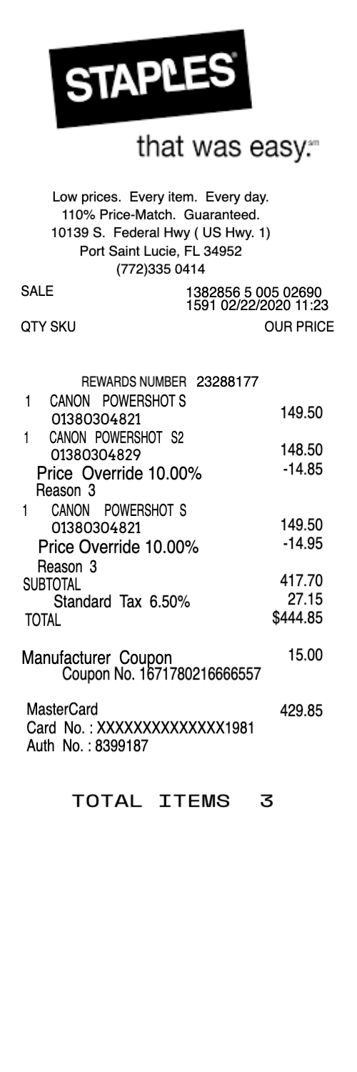 Staples Office Supply receipt