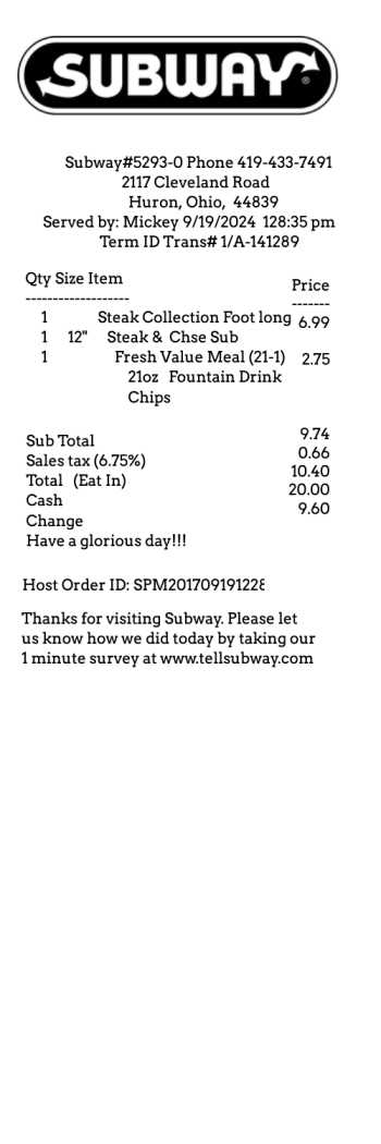 Subway restaurant receipt template