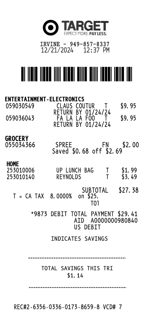 Target receipt template