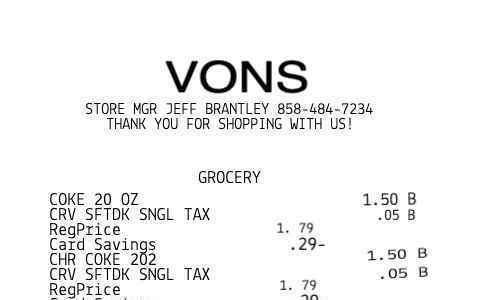 VONS receipt template image