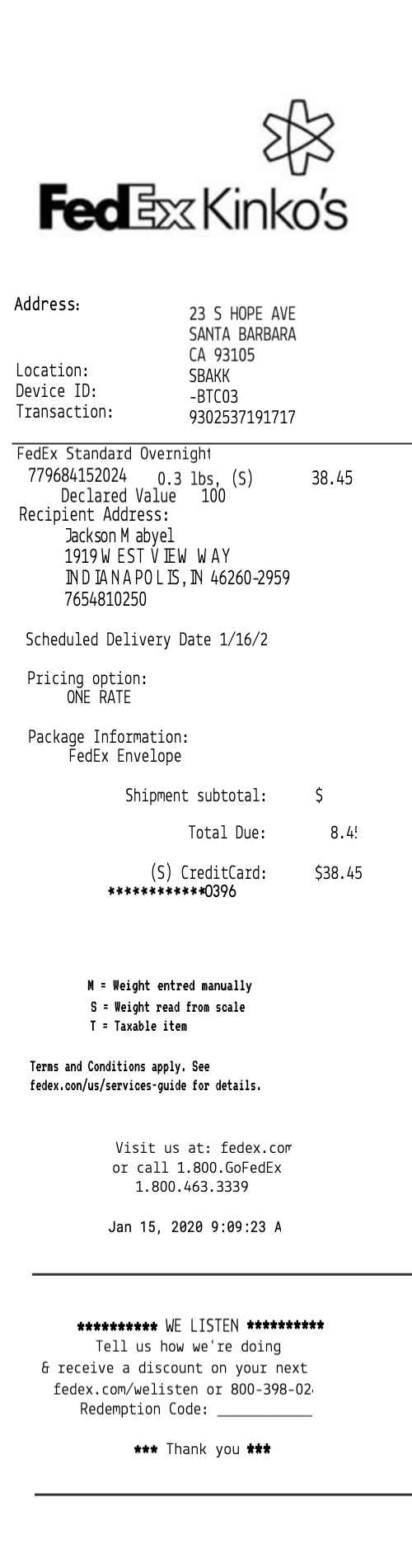 FedEx Office Shipping Receipt Template