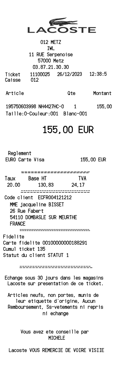 Lacoste receipt template