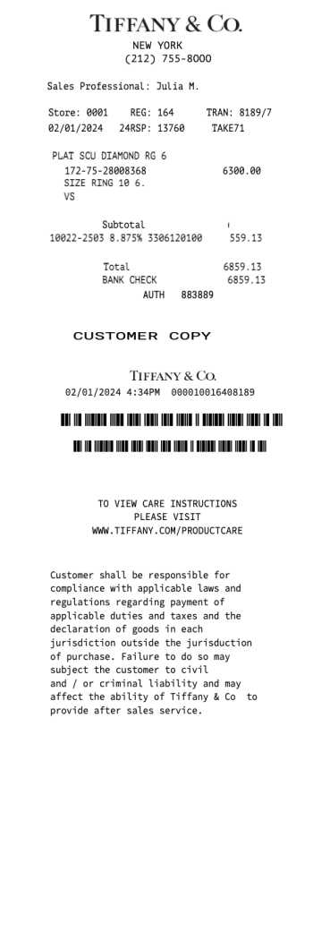 Tiffany Co Receipt - Diamond Ring