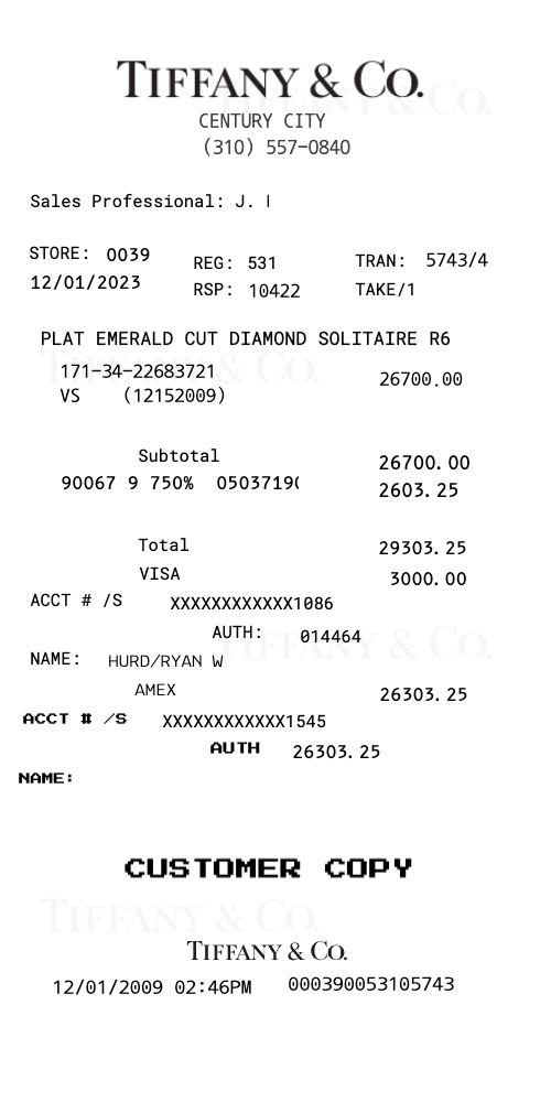 Tiffany Jewelry Receipt - Diamond Ring