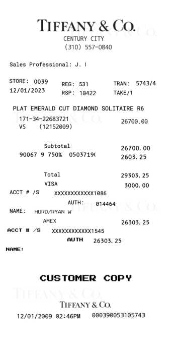 Tiffany Jewelry Receipt - Diamond Ring