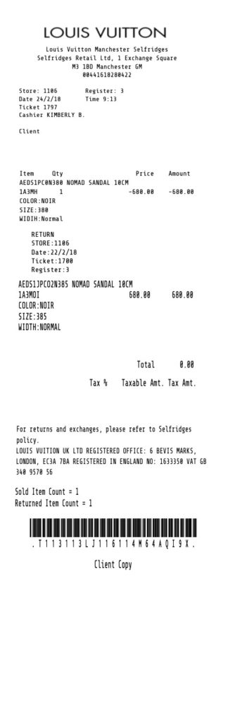 Louis Vuitton Receipt Client Copyright